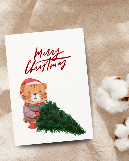 Schattige kerstkaart met tijgertje en kerstmuts
