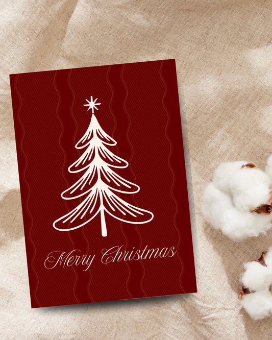 Retro rode kerstkaart met witte kerstboom