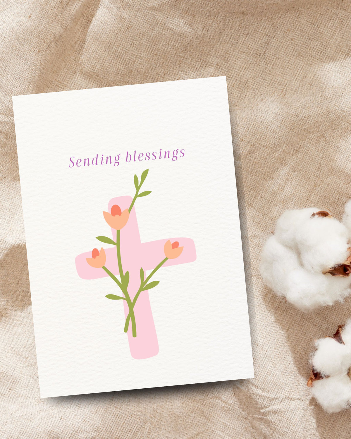 Christelijke Sending Blessings-wenskaart met roze kruis en kleurrijke bloemen