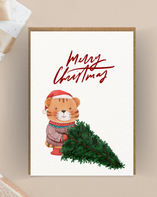 Schattige kerstkaart met tijgertje en kerstmuts