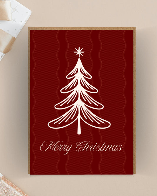 Retro rode kerstkaart met witte kerstboom