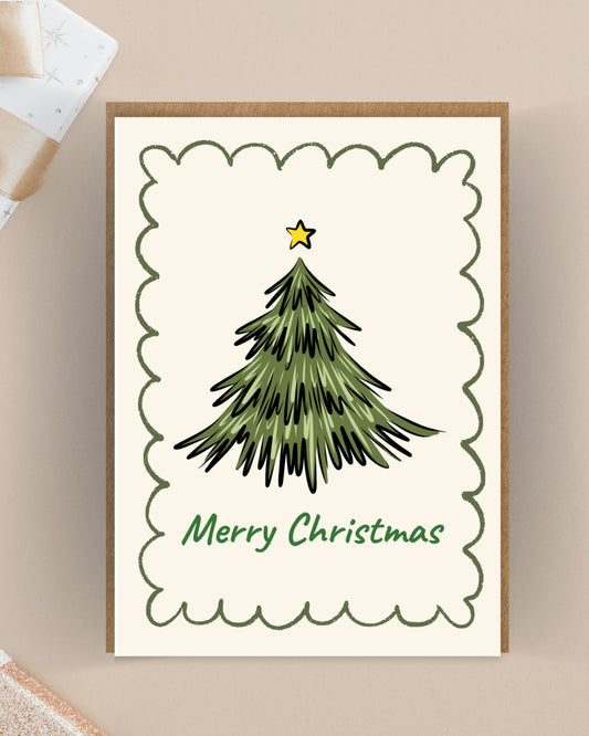 Kerstkaart met handgetekende kerstboom
