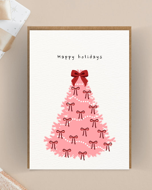 Roze kerstboom kaart met strikjes