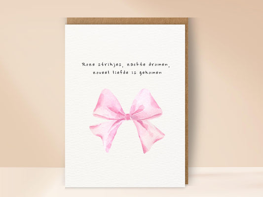 Roze strik geboortekaart