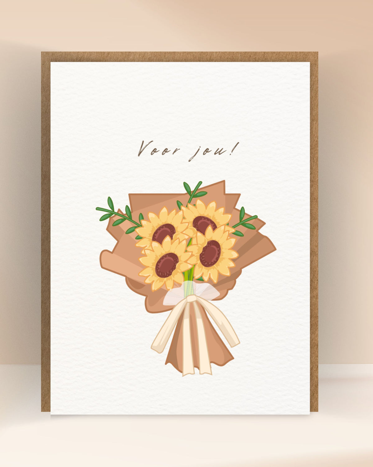 Wenskaart met de tekst ‘Voor jou!’ en een boeket gele zonnebloemen