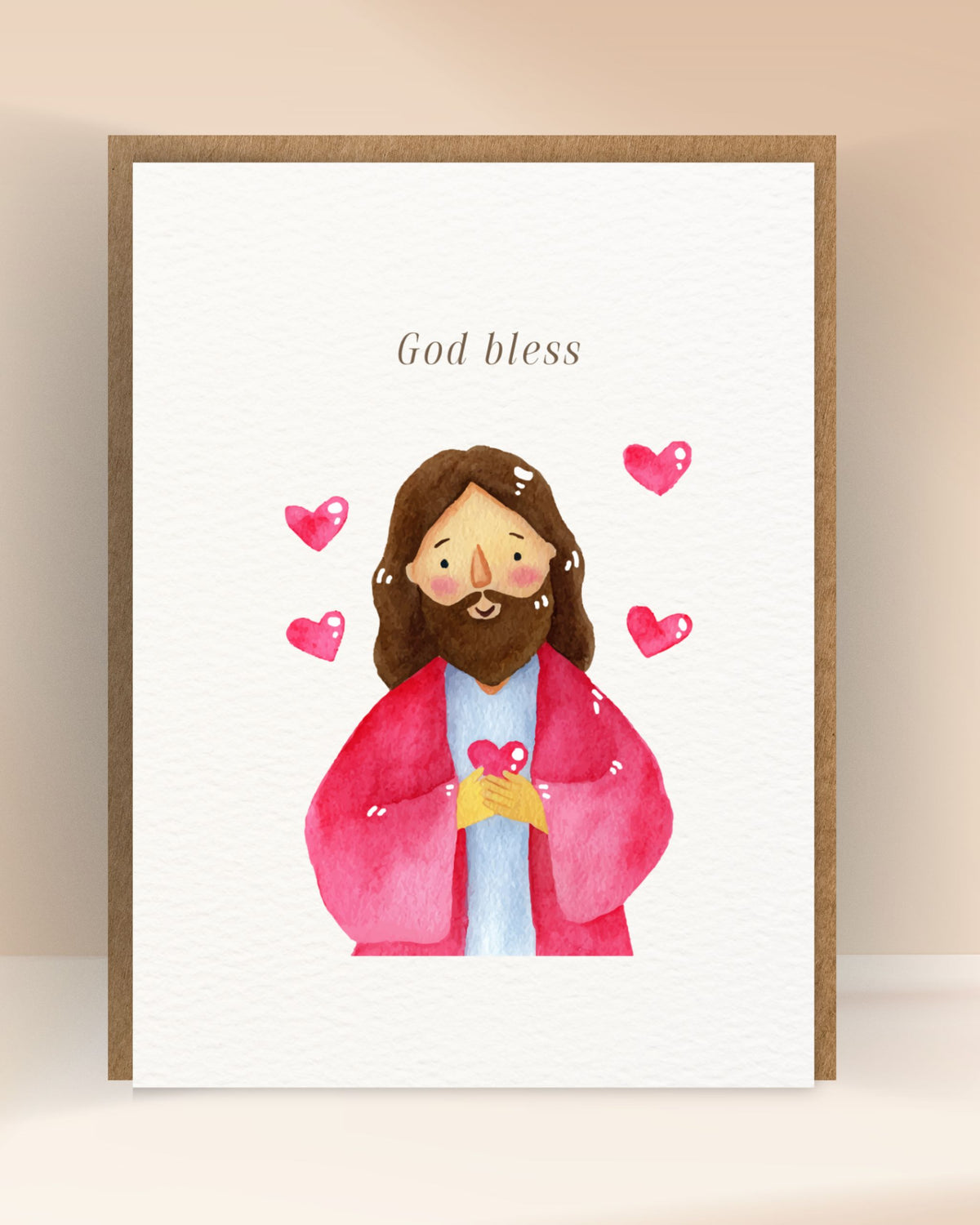 Christelijke God Bless-wenskaart met kleurrijke illustratie van Jezus en hartjes