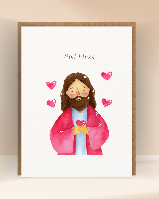 Christelijke God Bless-wenskaart met kleurrijke illustratie van Jezus en hartjes