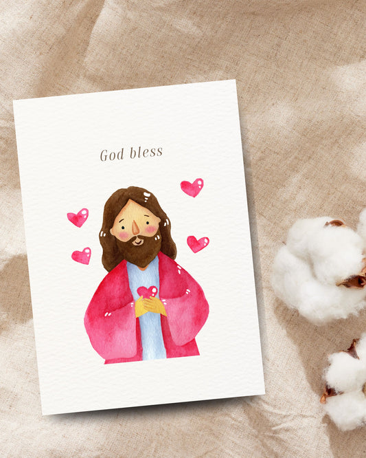 Christelijke God Bless-wenskaart met kleurrijke illustratie van Jezus en hartjes