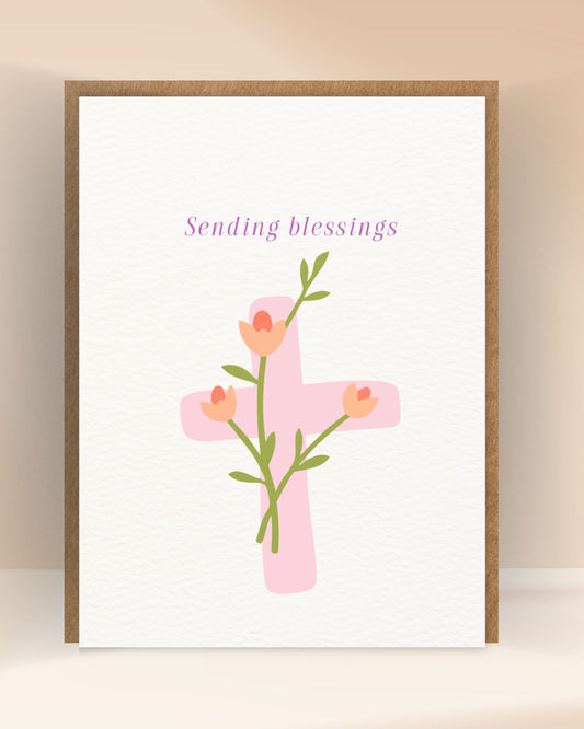 Christelijke Sending Blessings-wenskaart met roze kruis en kleurrijke bloemen