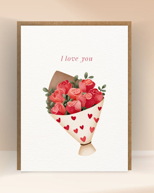 Romantische ‘I love you’-kaart met een boeket rode rozen en rode hartjes