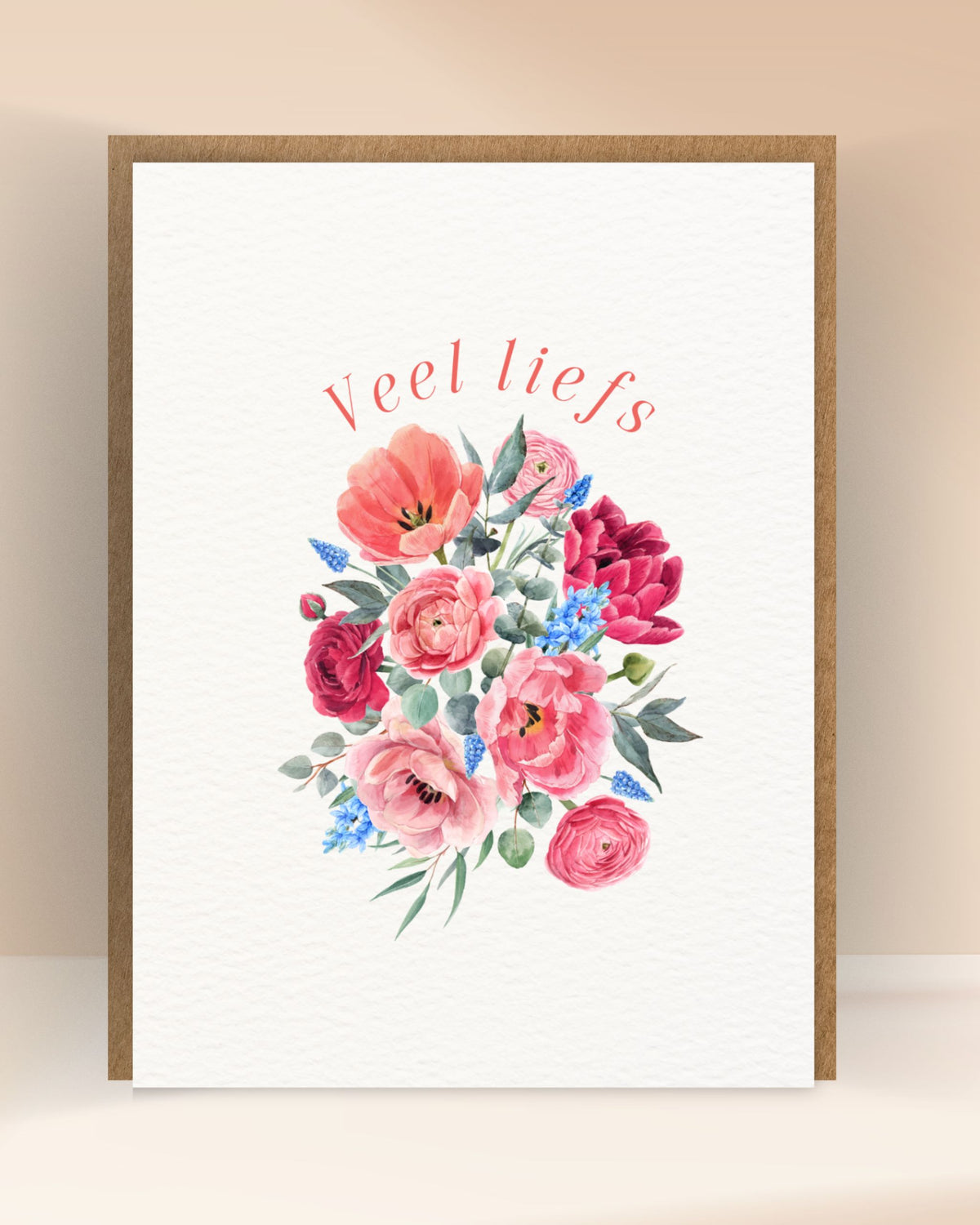 Veel liefs’-wenskaart met een kleurrijk aquarelboeket van roze, rode en blauwe bloemen