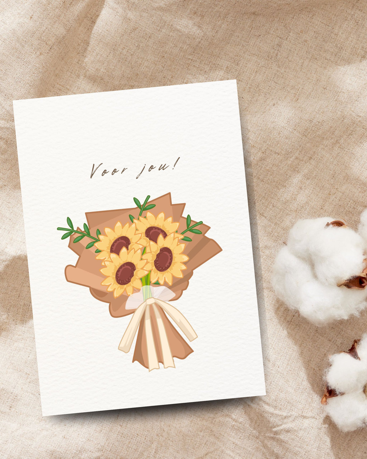 Wenskaart met de tekst ‘Voor jou!’ en een boeket gele zonnebloemen