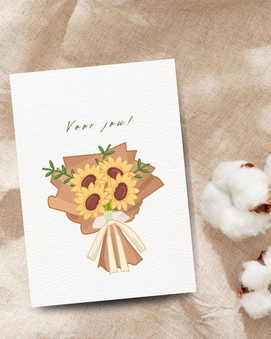 Wenskaart met de tekst ‘Voor jou!’ en een boeket gele zonnebloemen