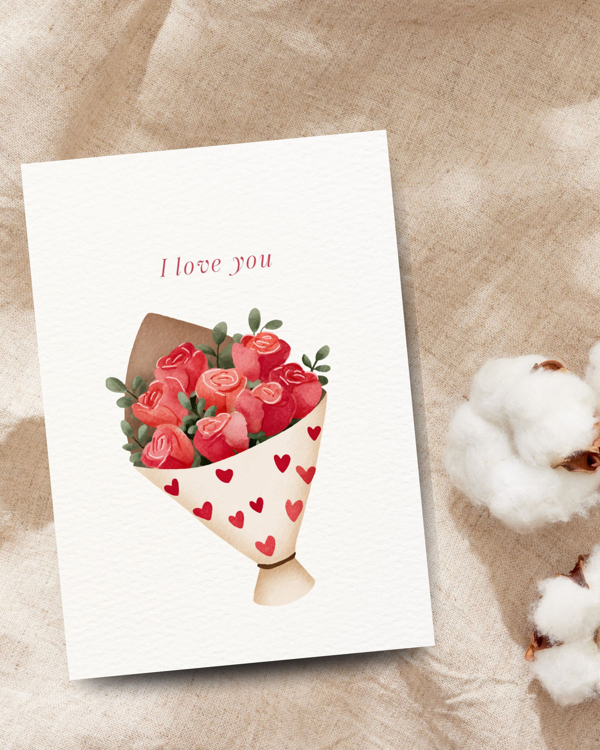 Romantische ‘I love you’-kaart met een boeket rode rozen en rode hartjes